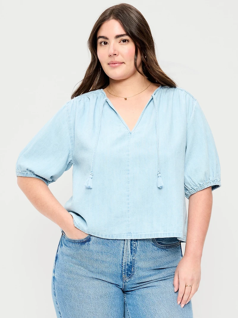 Short-Sleeve Beaded Denim Top