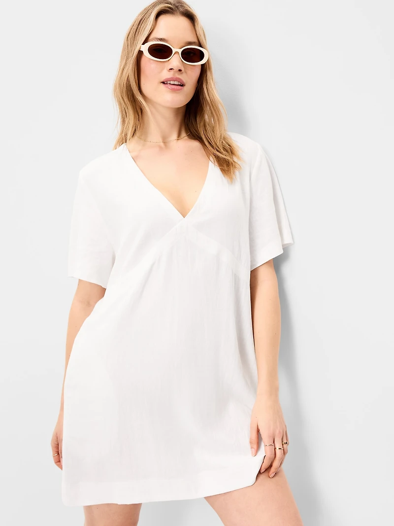 V-Neck Linen-Blend Mini Shift Dress
