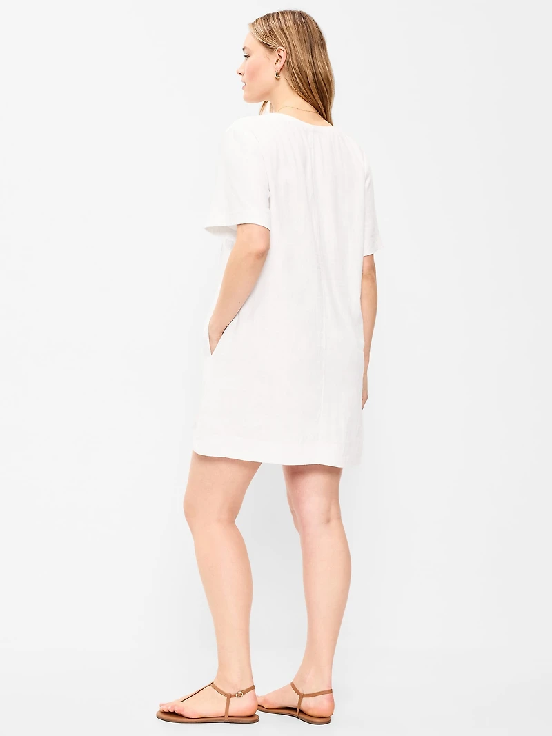 V-Neck Linen-Blend Mini Shift Dress