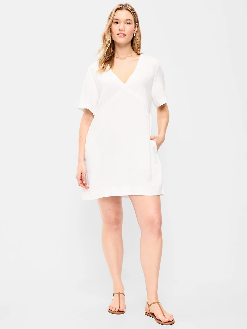 V-Neck Linen-Blend Mini Shift Dress