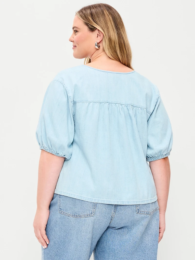 Short-Sleeve Beaded Denim Top