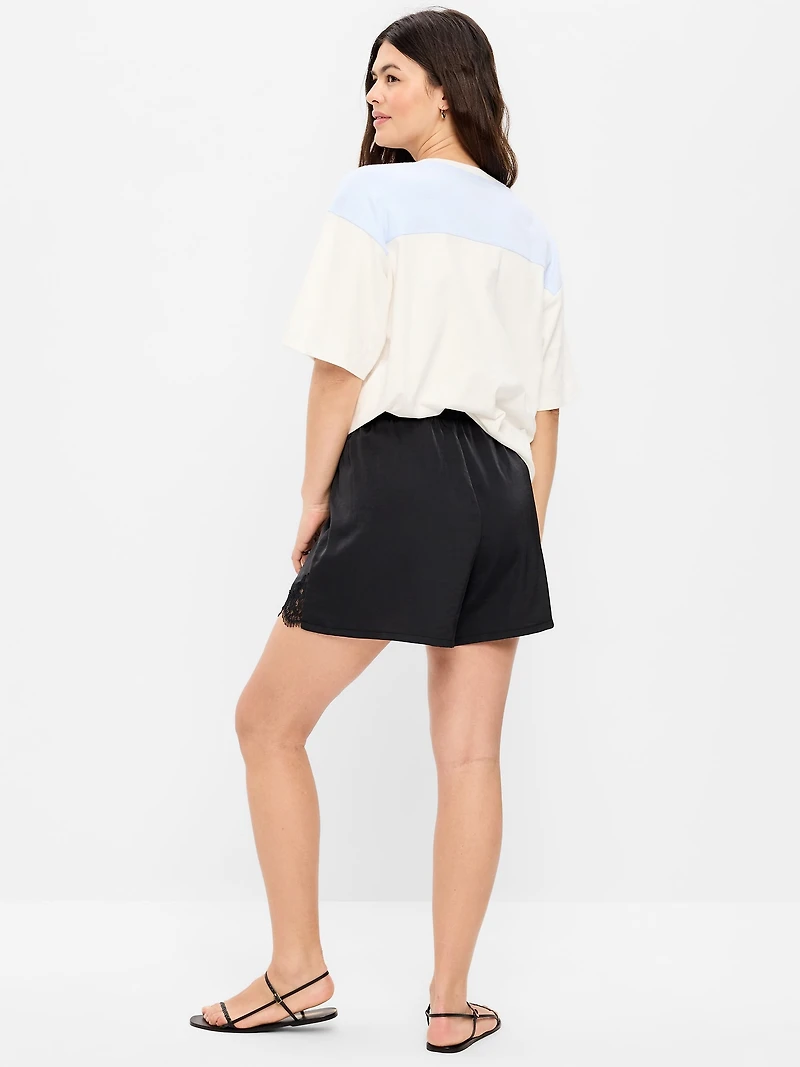 High-Waisted Lace-Trim Satin Shorts