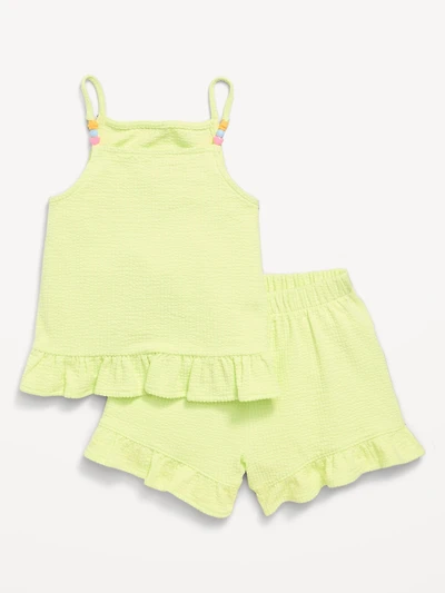 Textured Ruffle-Trim Tank Top and Shorts Set for Toddler Girls