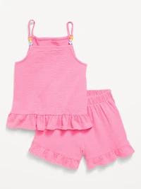 Textured Ruffle-Trim Tank Top and Shorts Set for Toddler Girls
