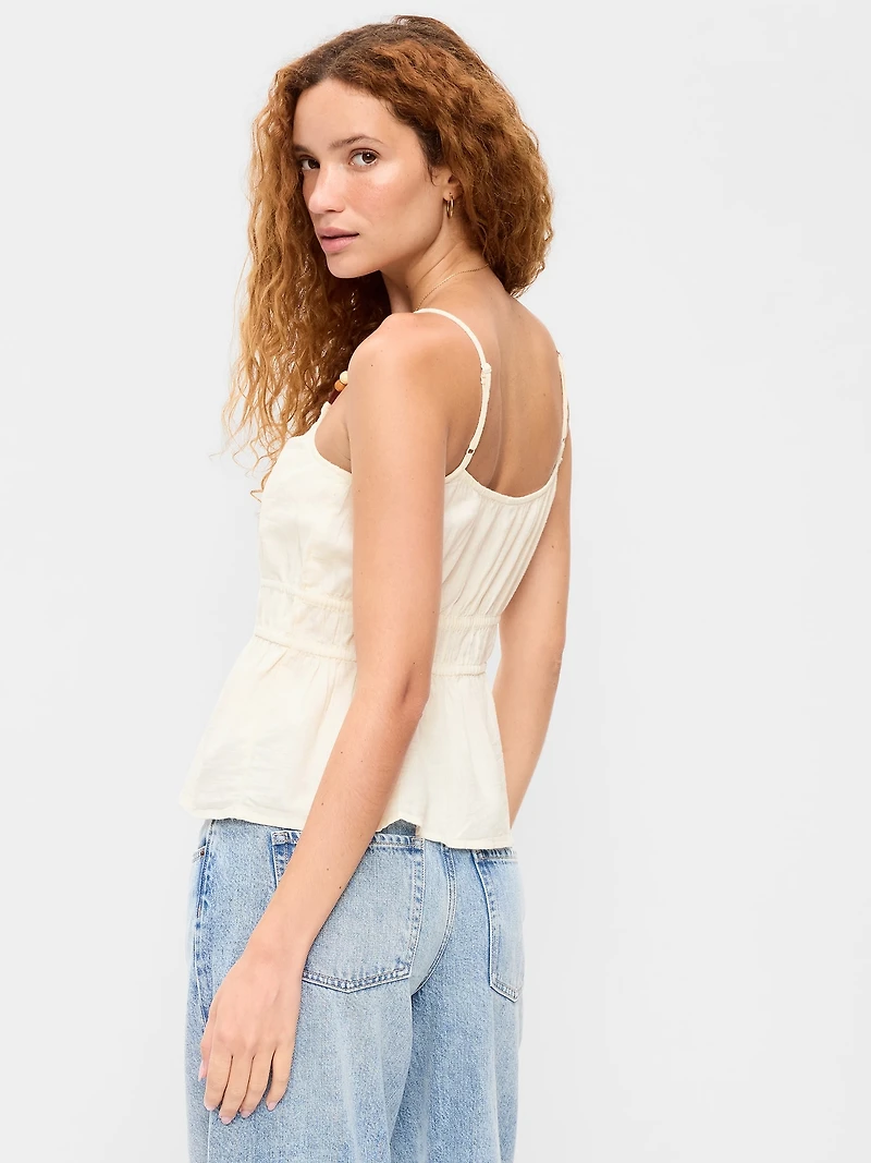 Beaded Strap Smocked-Waist Tank Top
