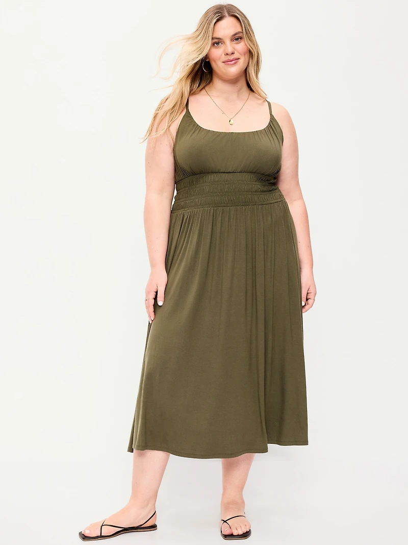 Fit & Flare Jersey Smocked-Waist Midi Dress
