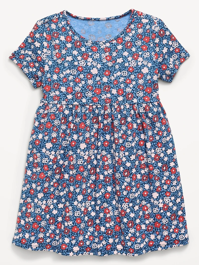 Printed Short-Sleeve Ribbed Dress for Toddler Girls