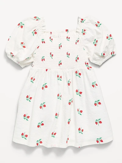Printed Fit and Flare Puff-Sleeve Smocked Dress for Toddler Girls