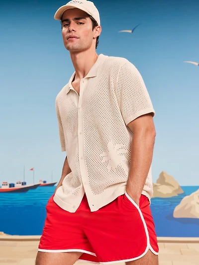 Short-Sleeve Open-Knit Sweater Shirt