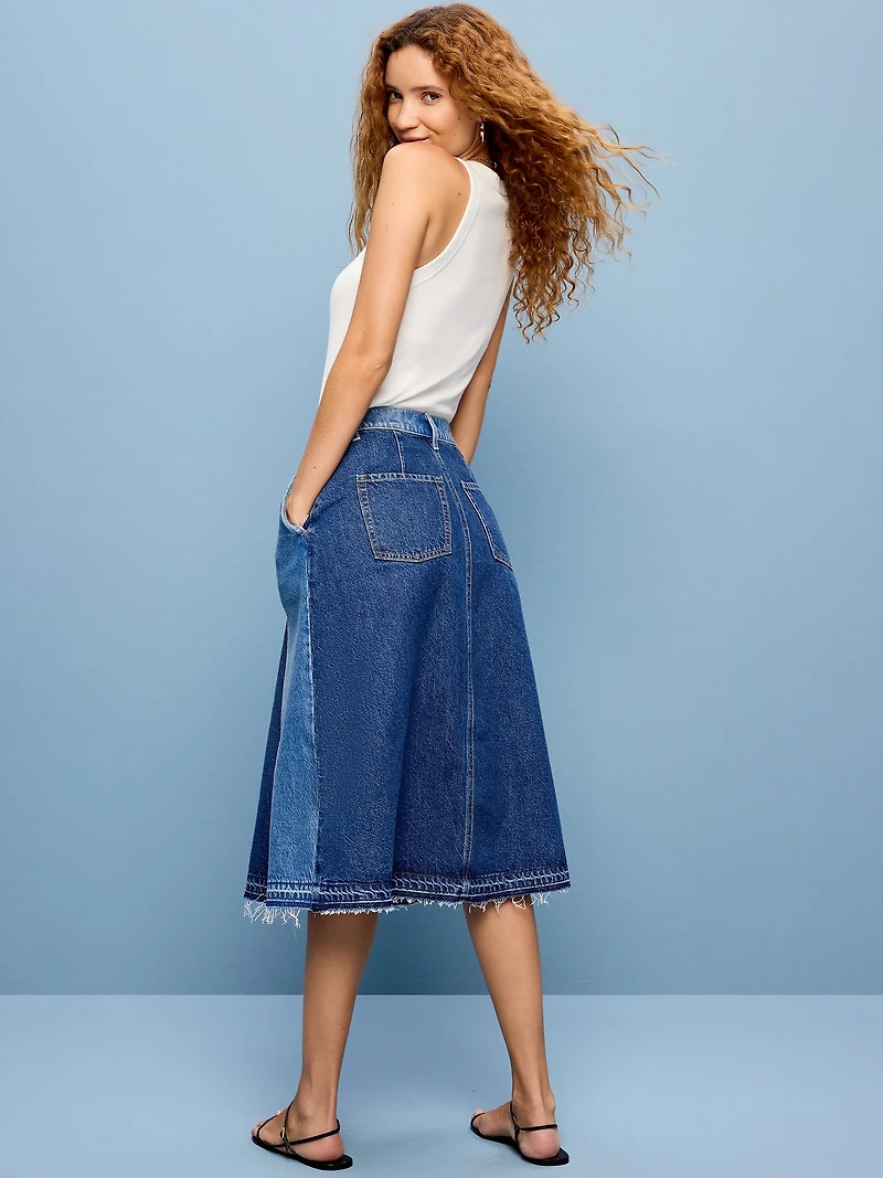 Reconstructed Pleated Denim Midi Skirt