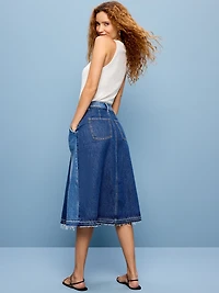 Reconstructed Pleated Denim Midi Skirt
