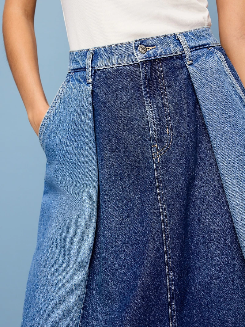 Reconstructed Pleated Denim Midi Skirt