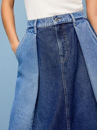 Reconstructed Pleated Denim Midi Skirt