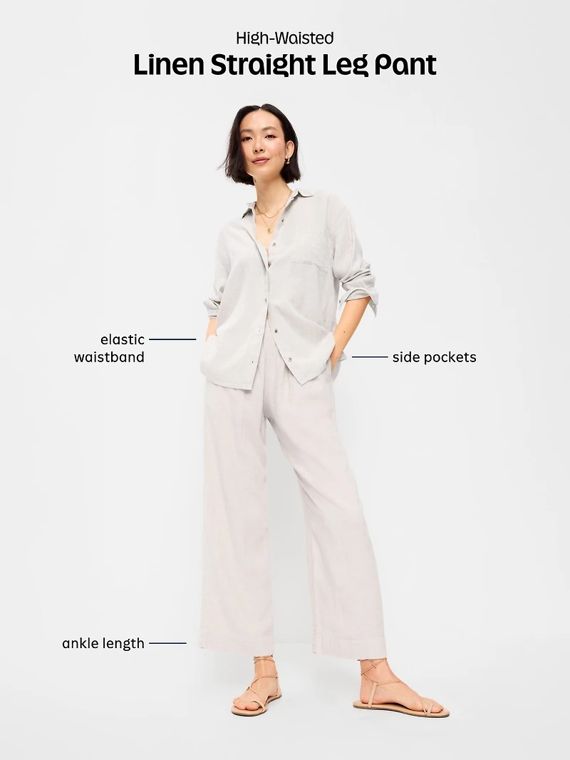High-Waisted Linen-Blend Straight Ankle Pants