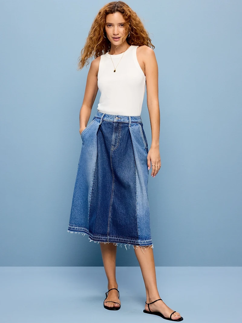 Reconstructed Pleated Denim Midi Skirt
