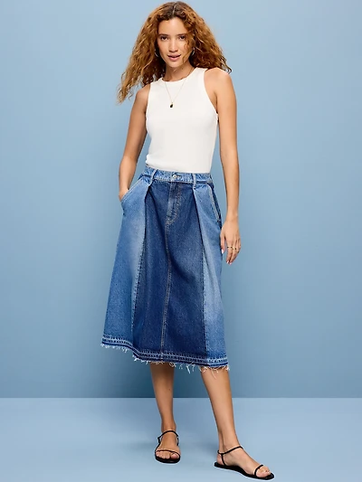 Reconstructed Pleated Denim Midi Skirt