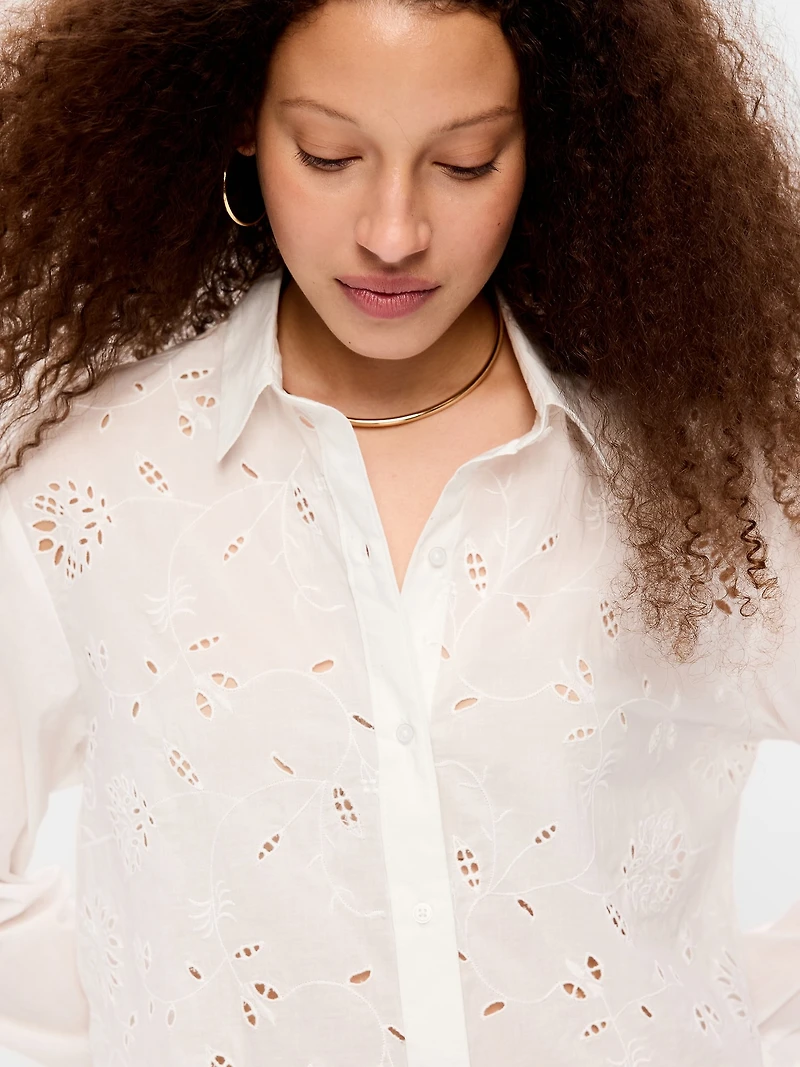 Cropped Eyelet Button-Down Shirt