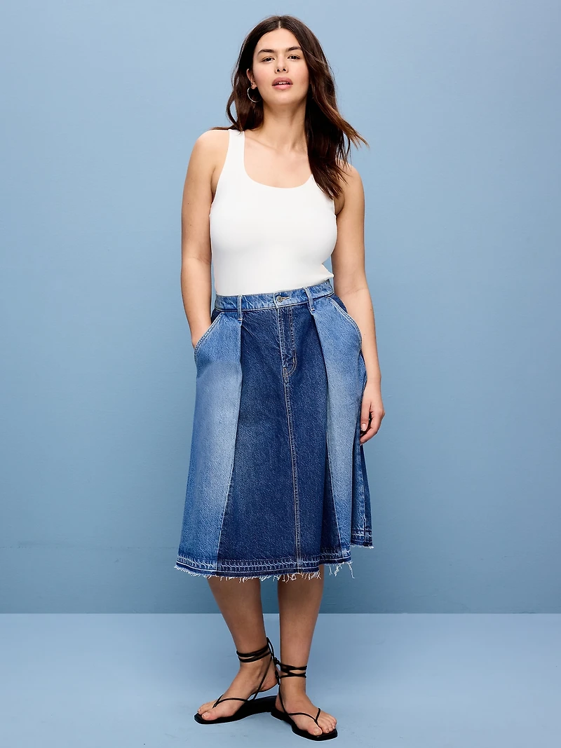 Reconstructed Pleated Denim Midi Skirt