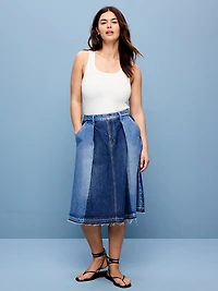 Reconstructed Pleated Denim Midi Skirt