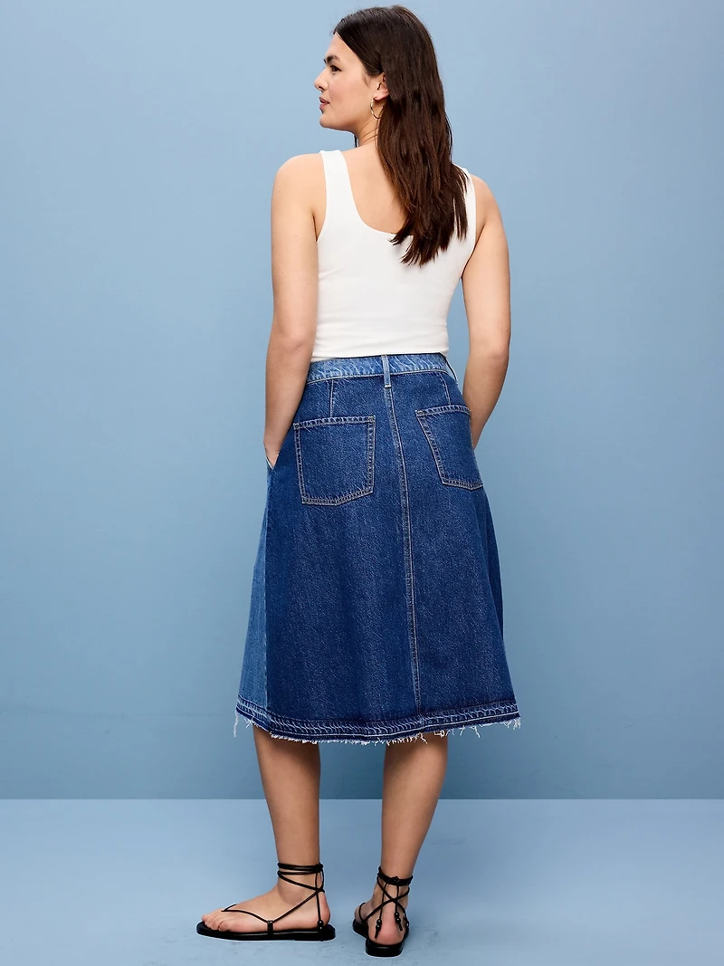 Reconstructed Pleated Denim Midi Skirt