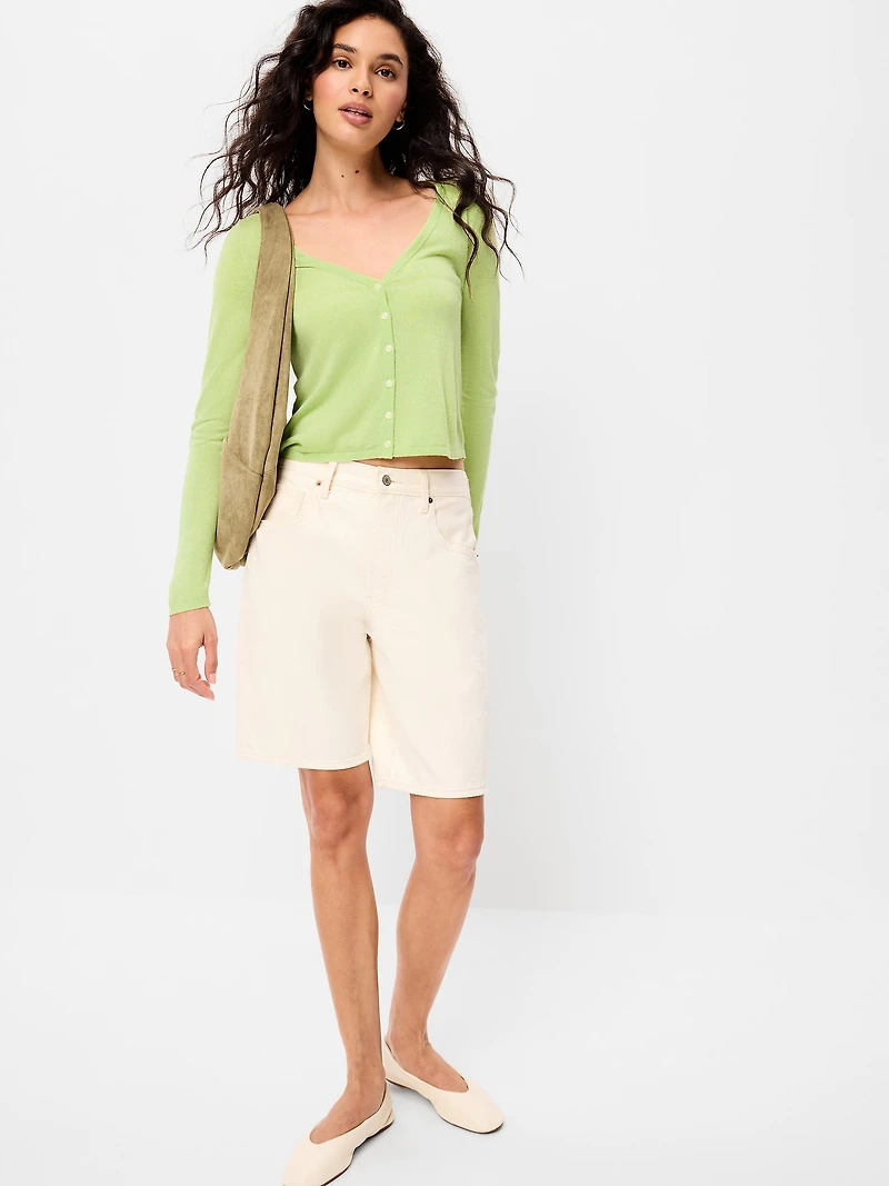 Merino Wool-Blend Sheer Cropped V-Neck Cardigan