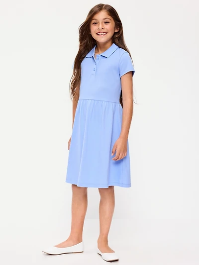 School Uniform Fit and Flare Pique Polo Dress for Girls