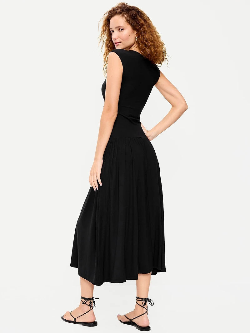 Jersey Knit Drop-Waist Midi Dress
