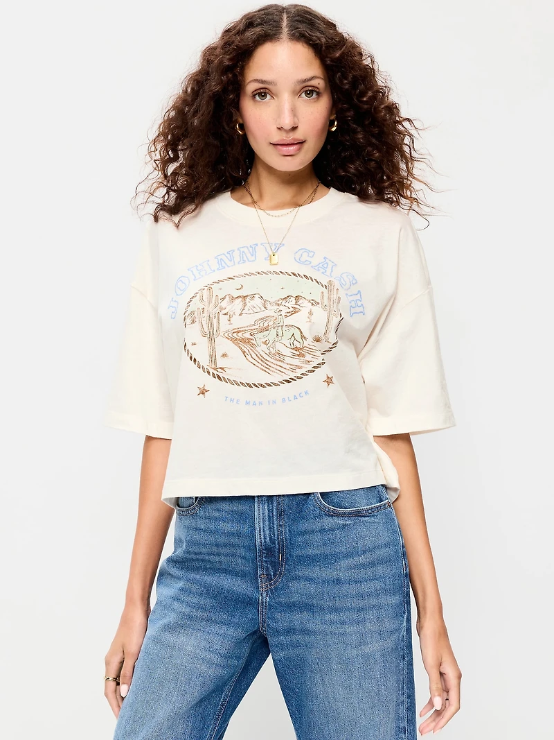 Crew-Neck Oversized Crop Graphic T-Shirt