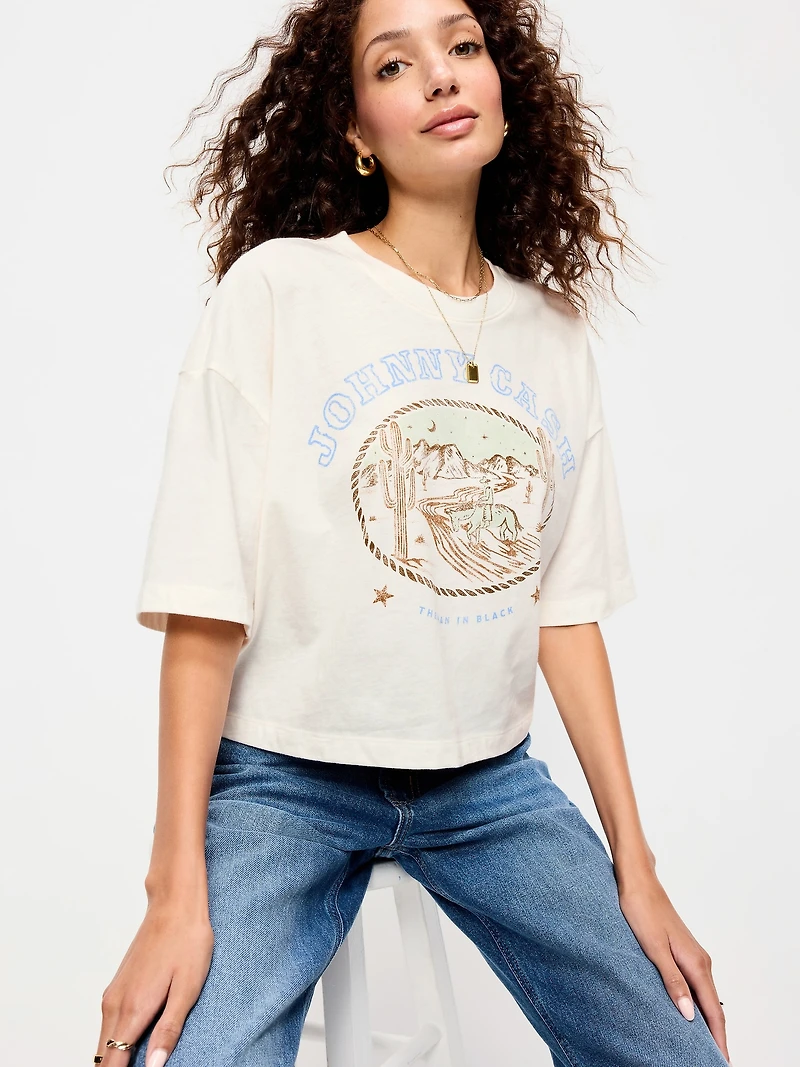 Crew-Neck Oversized Crop Graphic T-Shirt