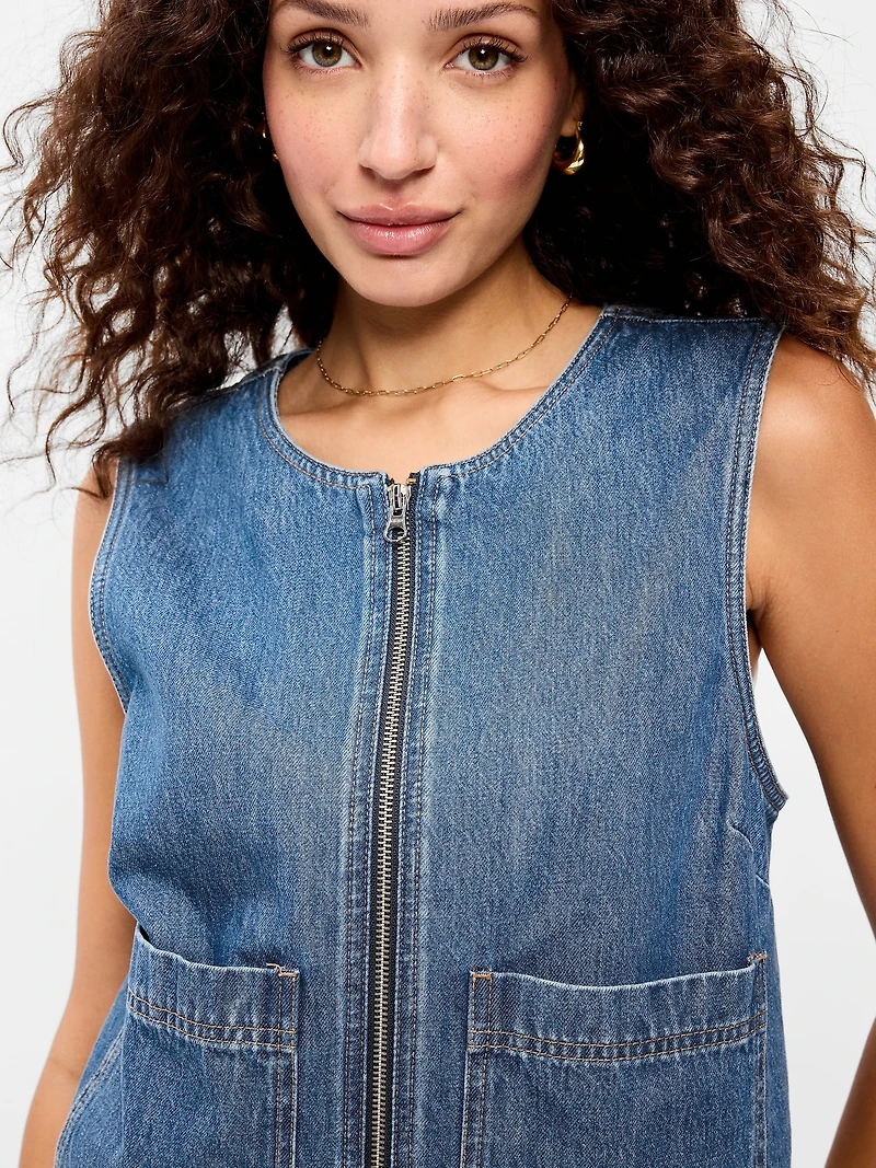 Zip-Front Denim Utility Vest