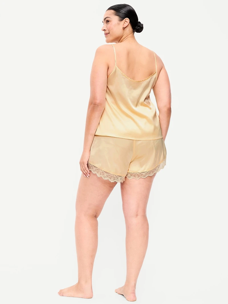 Satin Lace-Trim Pajama Tank and Shorts Set