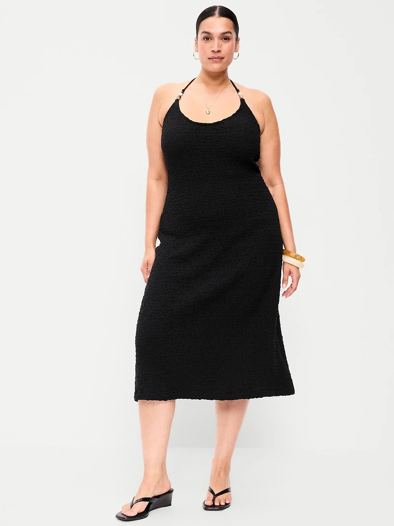 Beaded Halter-Neck Textured Midi Dress