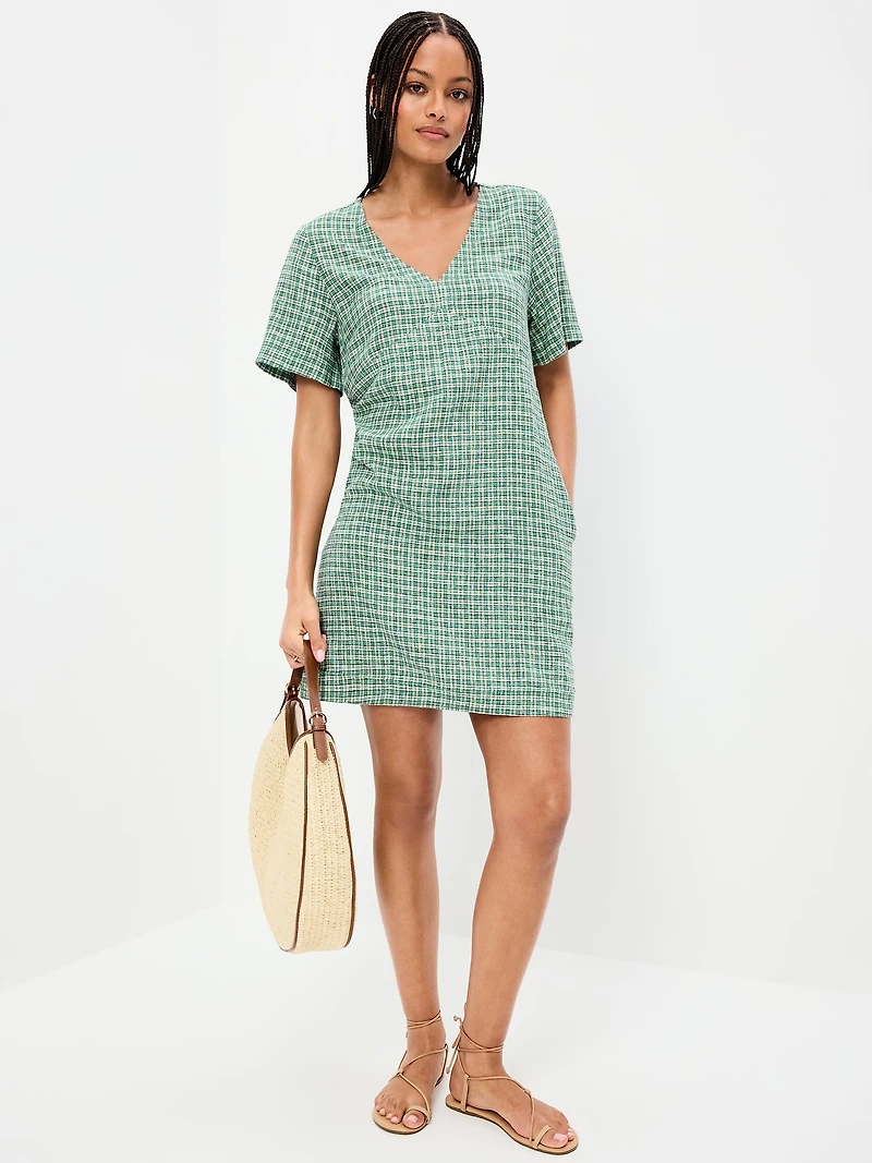 Short-Sleeve Linen-Blend Mini Shift Dress
