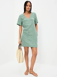 Short-Sleeve Linen-Blend Mini Shift Dress