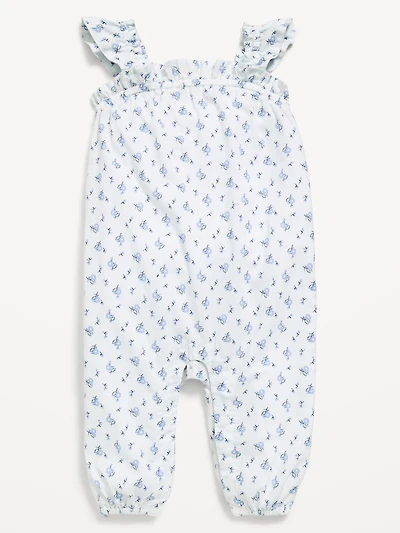 Printed Sleeveless Textured Ruffle-Trim Jumpsuit for Baby