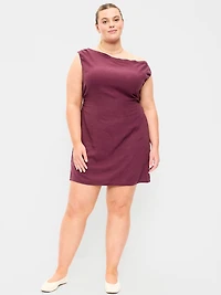 Asymmetrical Shoulder Linen-Blend Mini Dress