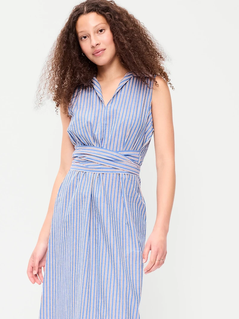 Sleeveless Wrap-Waist Midi Shirt Dress