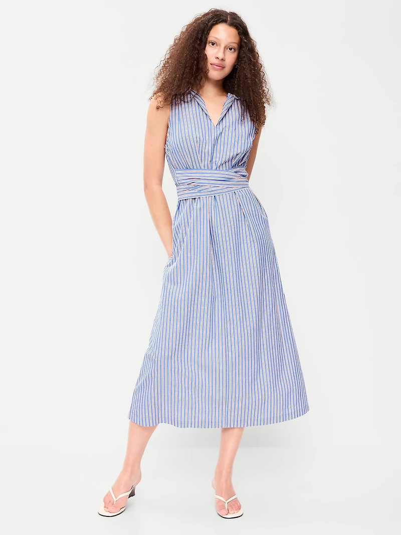 Sleeveless Wrap-Waist Midi Shirt Dress