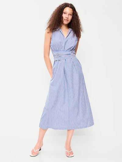 Sleeveless Wrap-Waist Midi Shirt Dress
