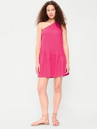 One-Shoulder Asymmetrical Linen-Blend Mini Dress