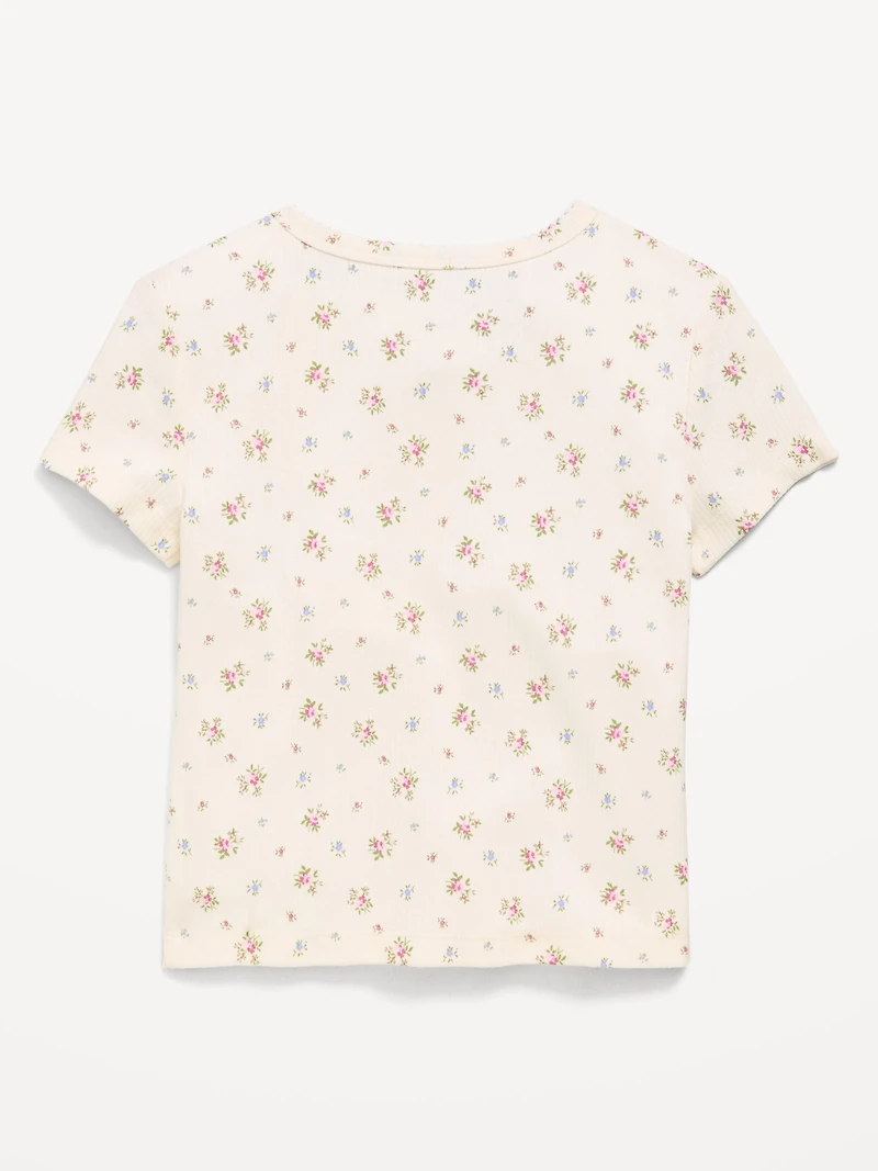 Fitted Short-Sleeve Ribbed Button-Front Top for Girls
