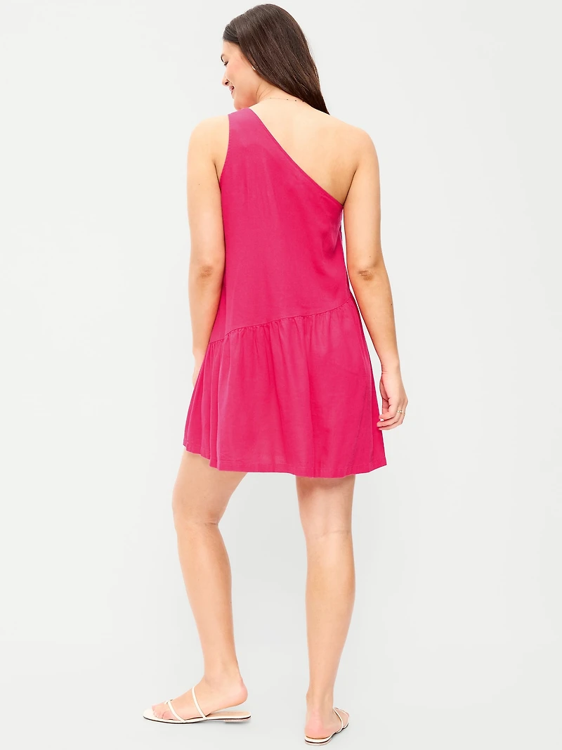 One-Shoulder Asymmetrical Linen-Blend Mini Dress