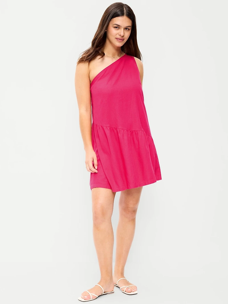 One-Shoulder Asymmetrical Linen-Blend Mini Dress