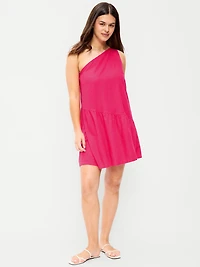 One-Shoulder Asymmetrical Linen-Blend Mini Dress