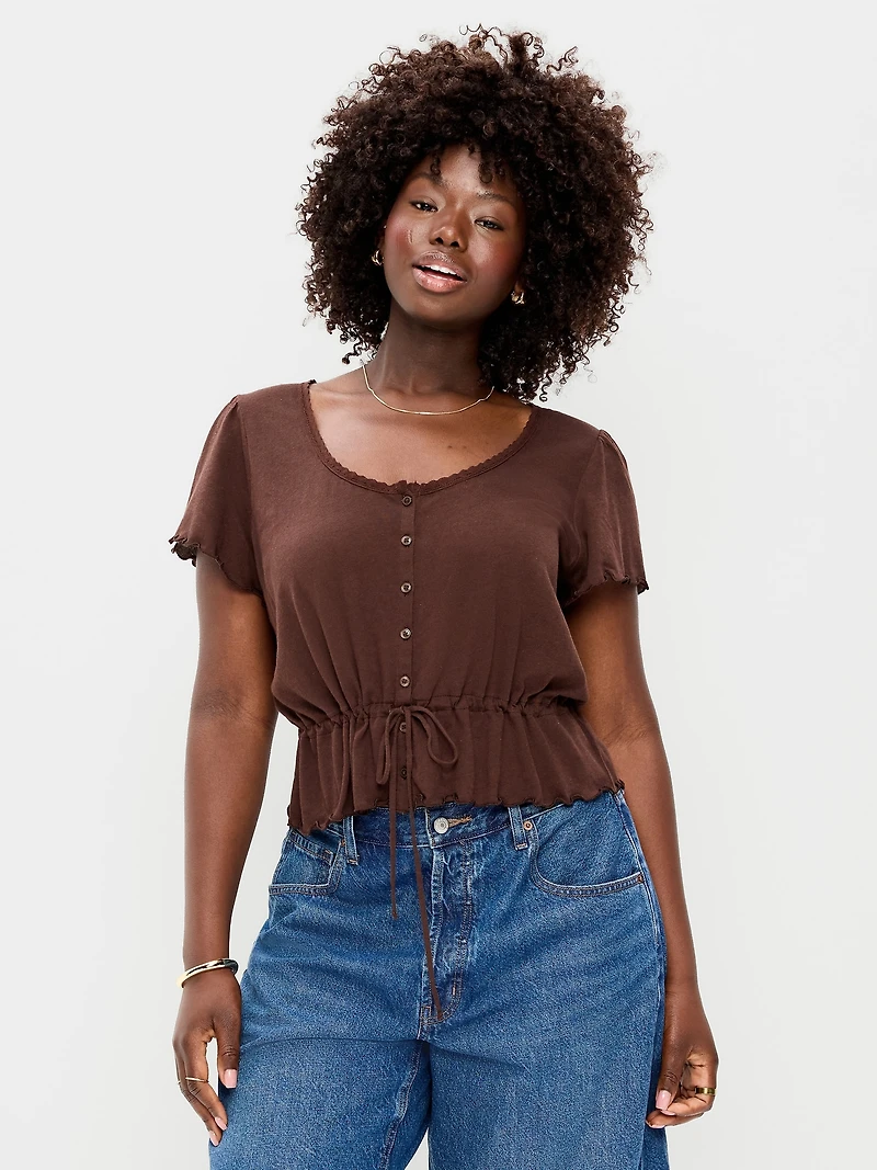 Lace-Trim Button-Down Top
