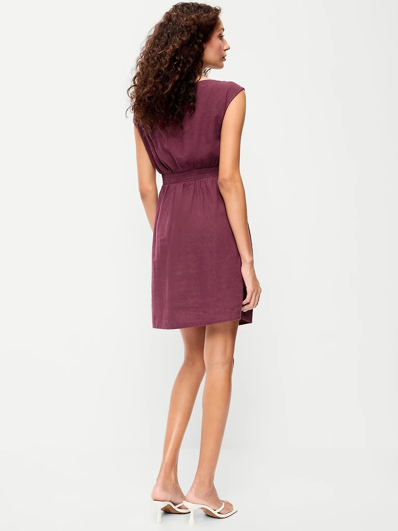 Asymmetrical Shoulder Linen-Blend Mini Dress