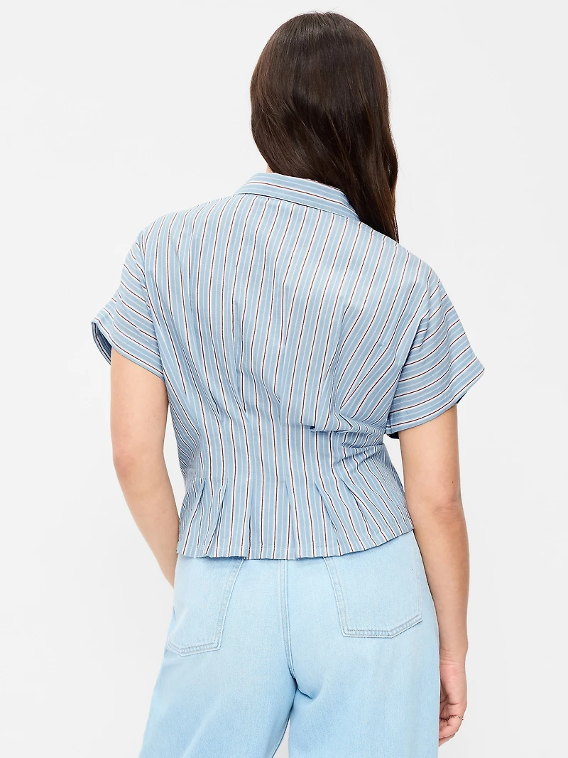 Slim Short-Sleeve Cinched-Waist Button-Down Shirt