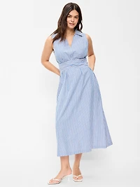 Sleeveless Wrap-Waist Midi Shirt Dress