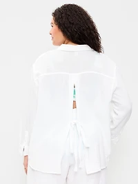 Open-Back Crinkle Gauze Button-Down Shirt