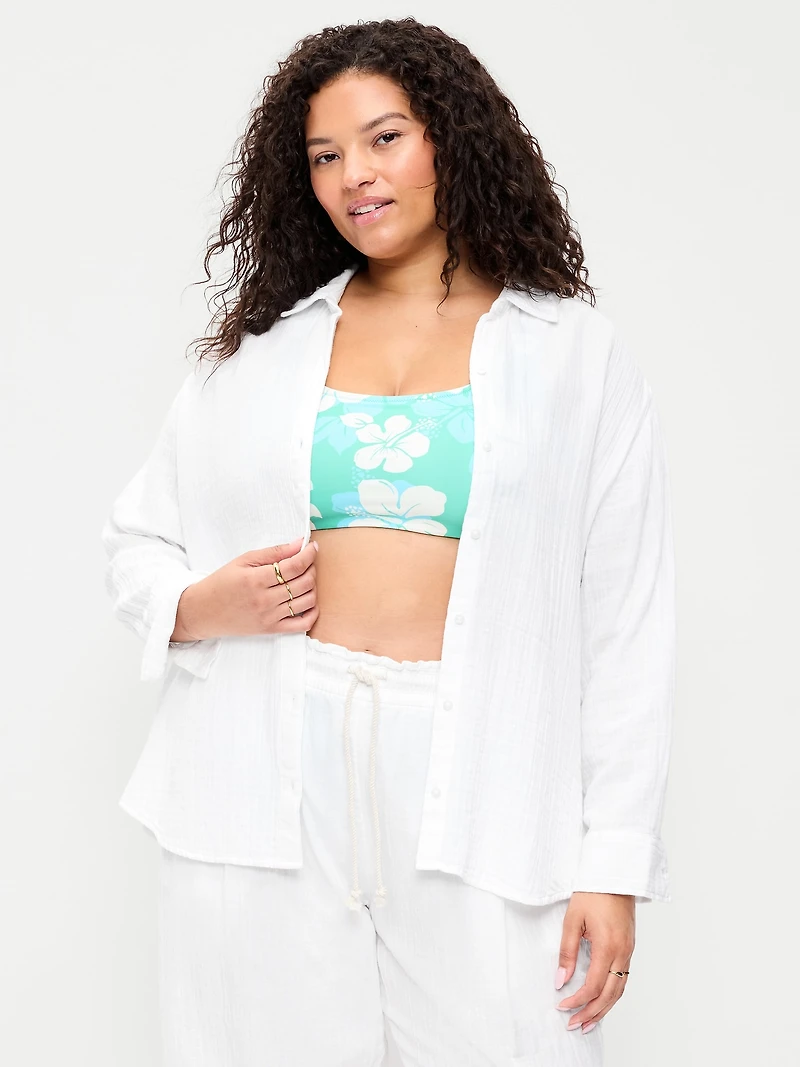 Open-Back Crinkle Gauze Button-Down Shirt
